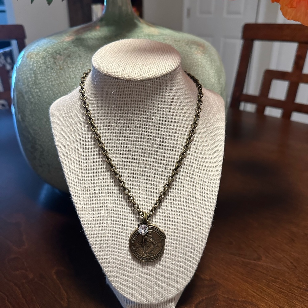 Elegant French Kande Gold St. Christopher Pendant with Crystal Accent Necklace
